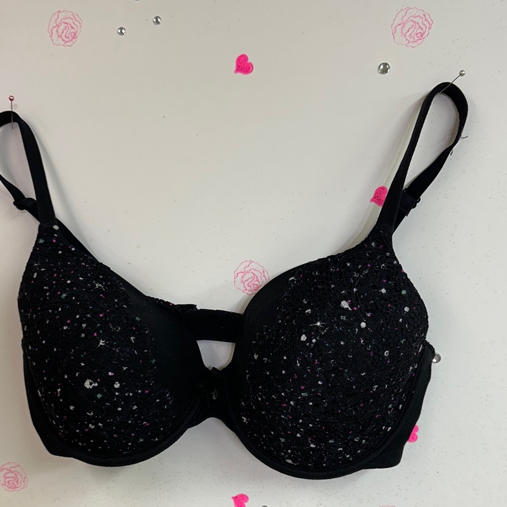 Victoria's Secret Black Bra with Pink and White Speckles
